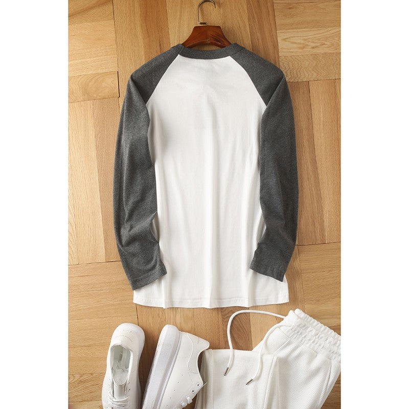 Summer New American Retro Raglan Long-sleeved O-neck Montage T-shirt Men's Fashion Simple 100%Cotton Washed Casual Sport Tops