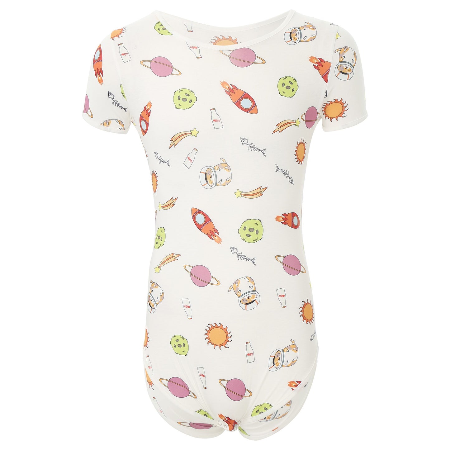 Mens Cute Cartoon Print Bodysuit Sissy Pajamas Short Sleeve Buttoned Crotch Diaper Rompers Gay Male Onesies Sleepwear Loungewear