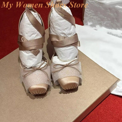 Satin Lace Up Women Pumps Square Toe Stiletto Thin High Heel Runway 2026 Autumn Spring Women Dress Shoes Handmade Pumps Knot