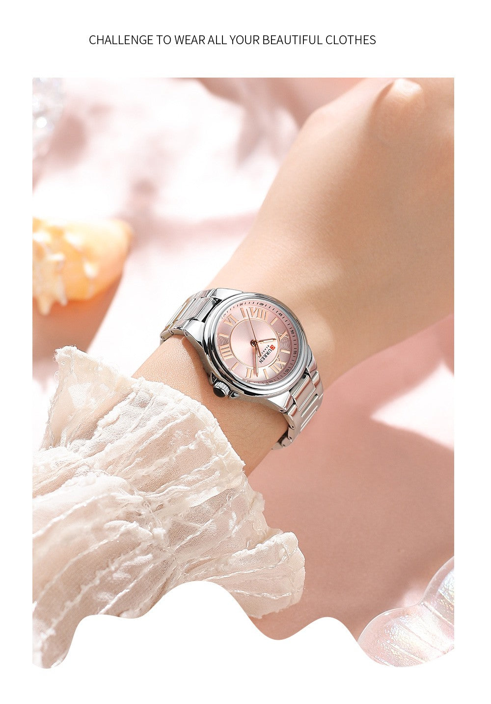 CURREN Romantic Charm Women's Wristwatches Fashion Design Thin Quartz Watch with Luminous Hands Stainless Steel Bracelet
