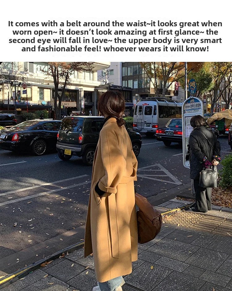 Casaco Feminino de Lã de Comprimento Médio Outono Inverno Estilo Camel Hepburn Casaco Folgado Marca Chinesa de Moda