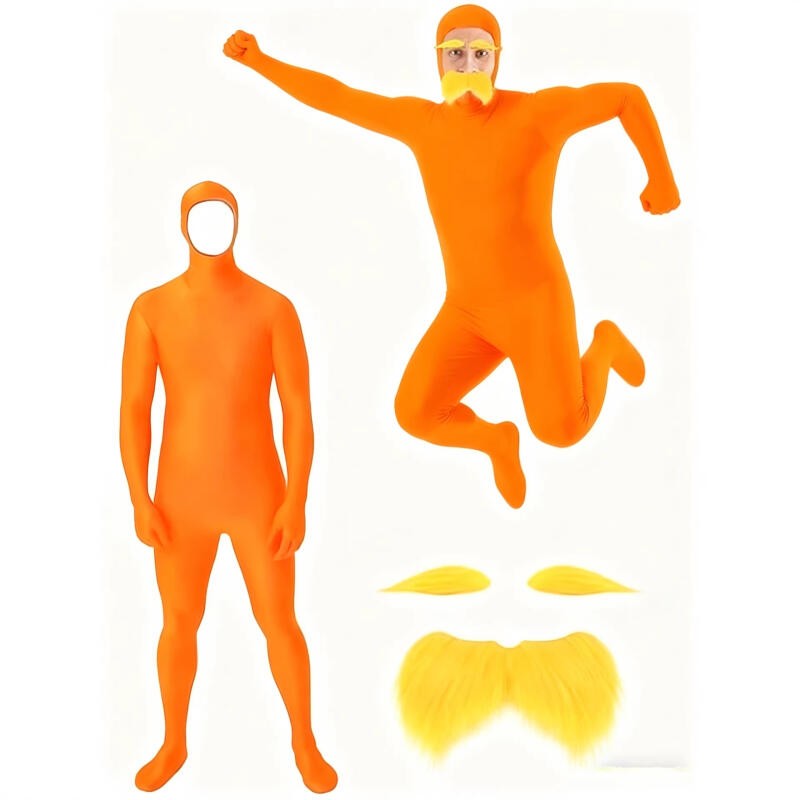 Adult Orange Zentai Bodysuit Open Face Skin Tight Jumpsuit with eard Eyebrow Halloween Cosplay Costume Unisex Full Coverage