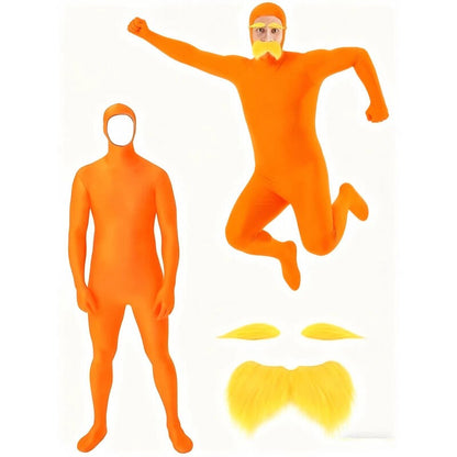 Adult Orange Zentai Bodysuit Open Face Skin Tight Jumpsuit with eard Eyebrow Halloween Cosplay Costume Unisex Full Coverage