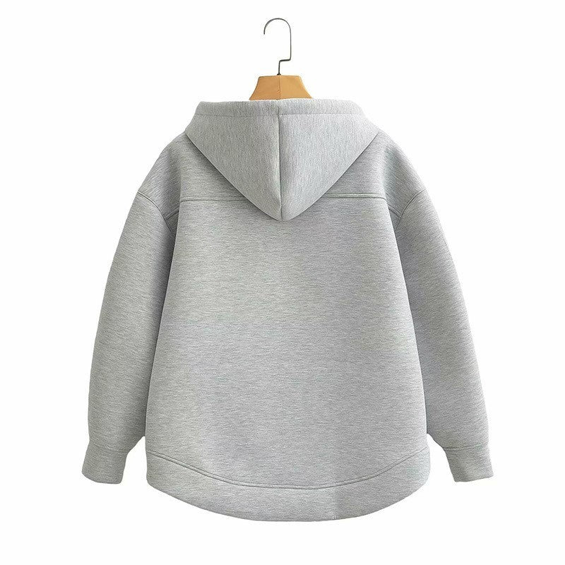 Alobee Autumn Women Gray Black Jacket With Hood Long Sleeve Zipper Jacket Coat Woman Loose Casual Big Pocket Outerwear Coat Tops