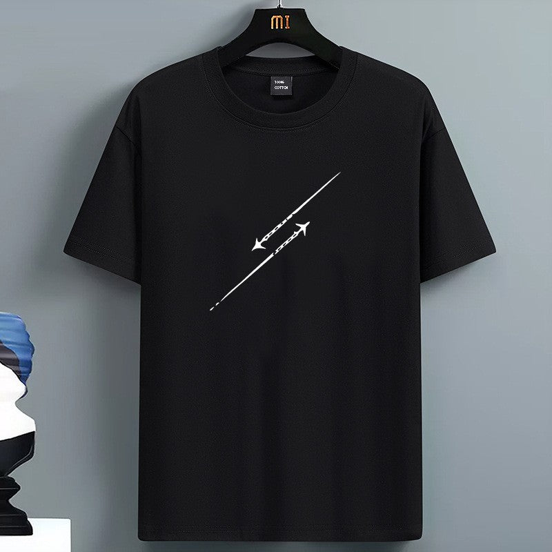 Men's Summer 100 Pure Cotton Fashionable Casual Loose Minimalist Airplane Pattern Printed Round Neck Short Sleeved T-shirt Top