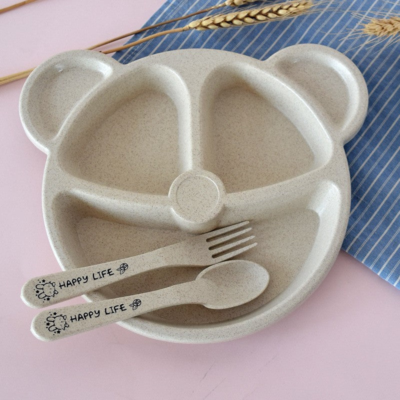 3-Piece Cute Divided Dining Plate for Children's Bowls Solid Color Fork Spoon Sucking Tableware Set with Wheat Material