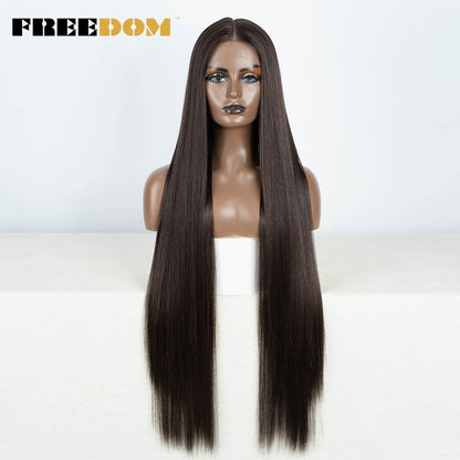 Peruca frontal de renda sintética FREEDOM para mulheres, 38 polegadas, longa, lisa, ombré, marrom, vermelho, gengibre, destaque, perucas frontais de renda, peruca de cosplay