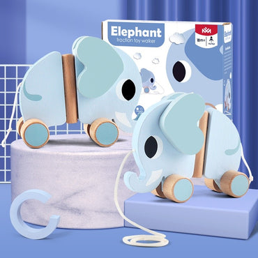Wooden children's elephant pulling rope cart, towing toys, baby boy, baby girl toddler, children's gifts, early education toys