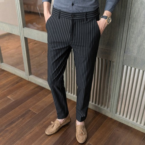 White Vertical Stripes Suit Pants Men, Blue Black Trousers, Fashion Slim Men's Pant Business Pantalones Hombre Autumn New Slacks