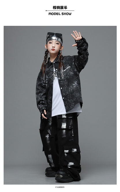 Roupas Infantis Hip Hop Casaco Brilhante Preto Top Calças Jogger Pretas de Rua para Meninas Meninos Fantasia de Dança Jazz Roupas
