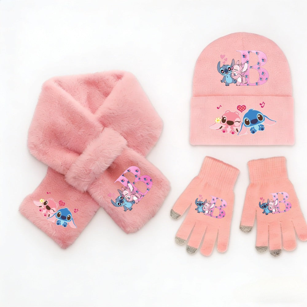 Conjunto 3 Peças Disney Stitch Quente Fofo Menina Crianças Gorro de Malha Cachecol Inverno Acessórios Casuais da Moda Presente Perfeito de Natal e Aniversário