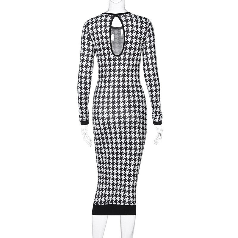 Houndstooth Print Women Long Sleeve Midi Dress Hollow Out Bodycon Sexy Streetwea