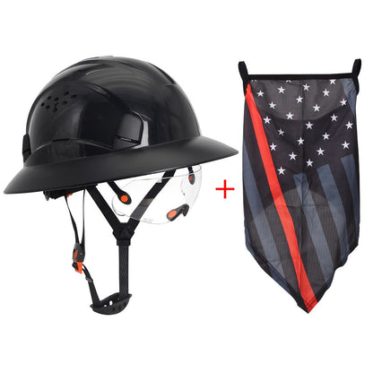 CE Carbon Fiber Full Brim Hard Hat w/ Built In Goggle Triangle Face Towel Construction Engineer  Safety Helmet ABS Safety Cap