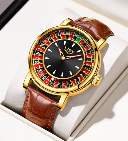 LIGE Quartz Man Watch Fashion Luxury Creative Roulette Game Dial Design Leather Casual Life Waterproof Watches for Men Gifts+Box