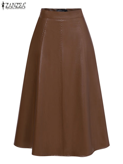 Plus Size 5XL ZANZEA Women PU Leather Midi Jupes Elegant Casual Autumn Loose High Waist Skirt Solid Skirt High Waisted Falda