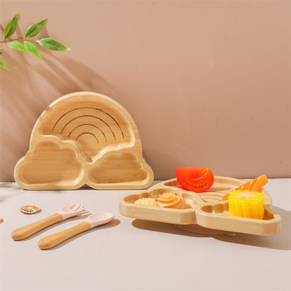 Baby Wooden Tableware Set Could Bamboo Wooden Plate Bowl Silicone Suction Wooden Handle Fork Spoon for Children Feeding Supplies