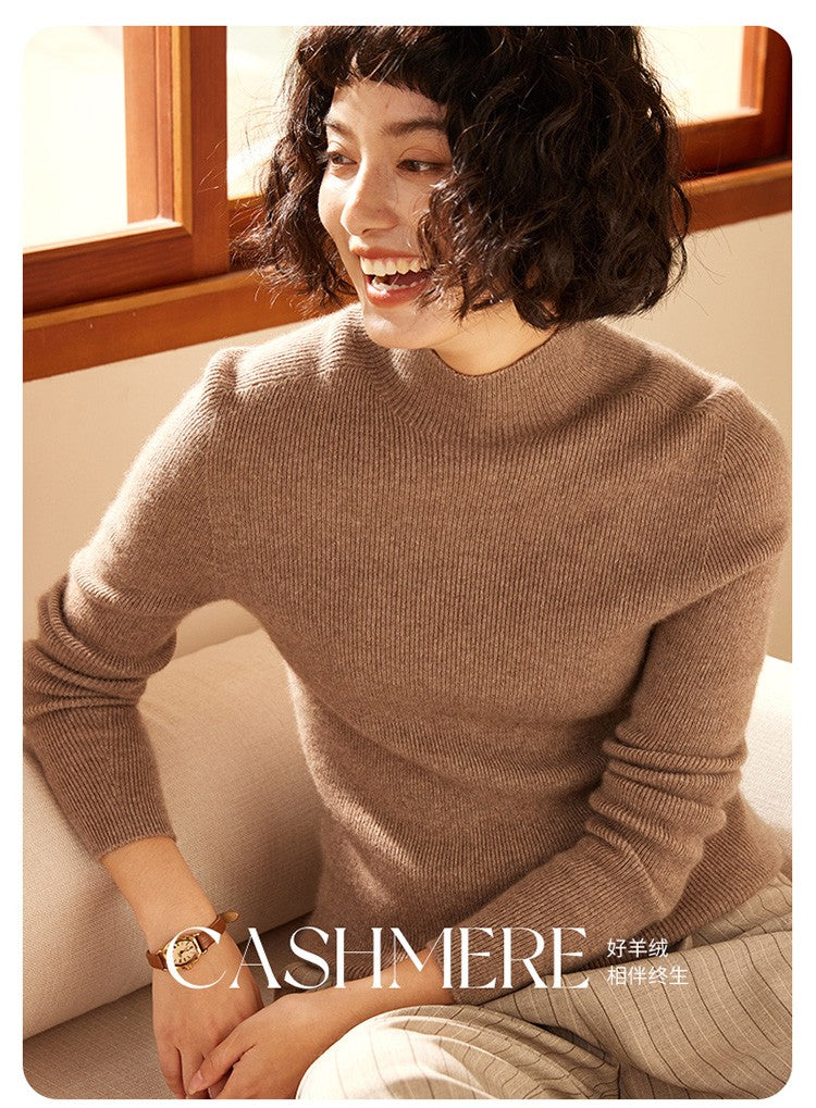 Autumn and winter new women's 100% pure cashmere semi high neck pullover sweater knitted slim fit hot selling women's top