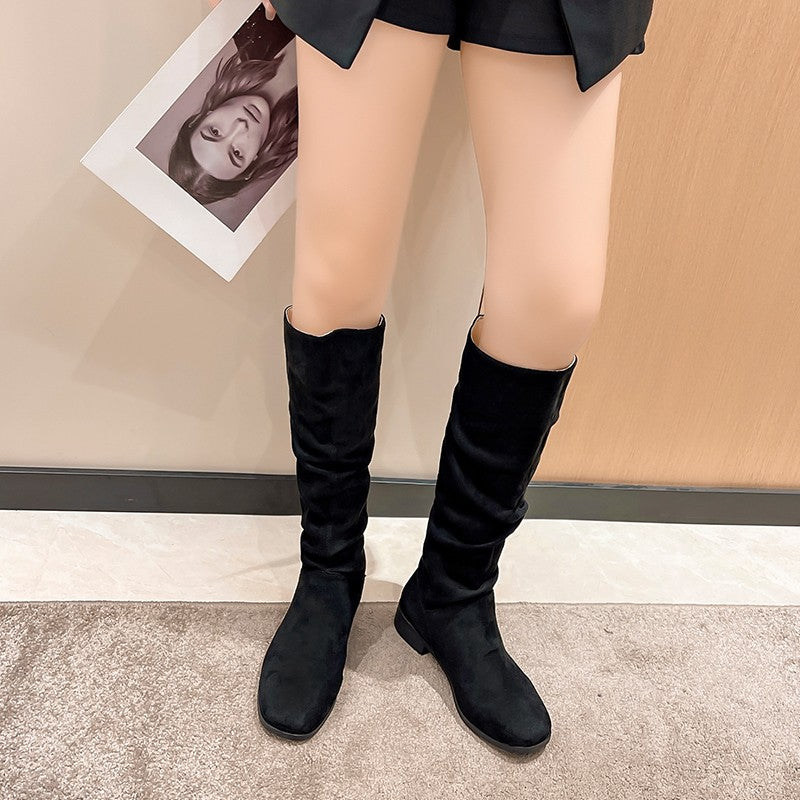 Pleated Boots Women Faux Suede Flock Knee High Boots 2024 Winter Women Fashion Slip on Square Low Heel Knight Booties Mujer 202