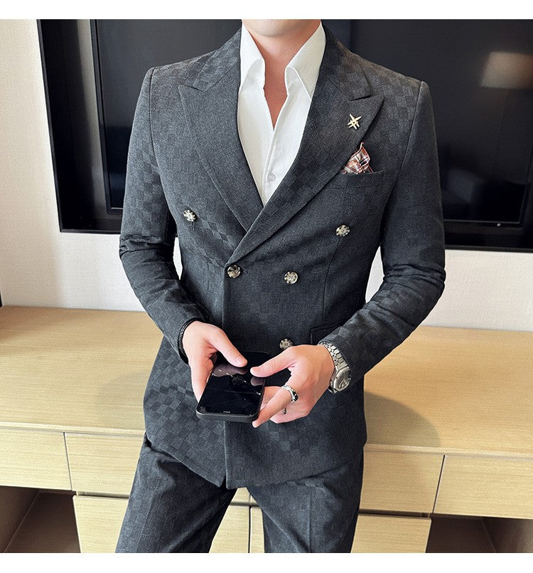 (Jacket+Pants)Luxury Checkered Double Breasted Suit  2 Pieces Fashion Business Slim Fit Social   Formal Suit Evening Dress 5XL-M