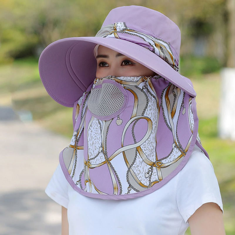 Verão Mulheres Exterior Estampa Chapéu Pescador Proteção UV Aba Larga Chapéu Jardim Trabalho Sombra Respirável Máscara Facial Destacável Quepe