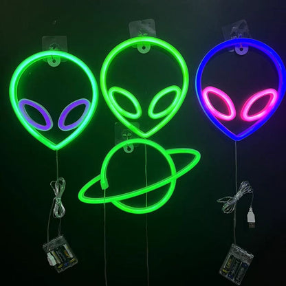 Neon Sign Alien Face Shaped Wall Hanging Lights for Home Game Room Saucerman  Plant LED Night Lamps Xmas Party Holiday Art Decor