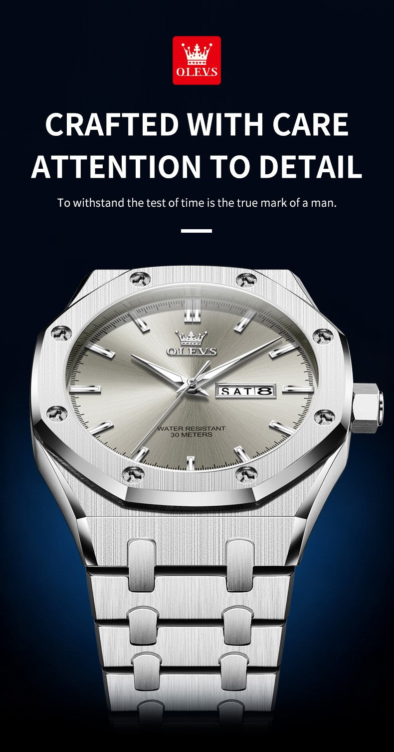 OLEVS Men's Watches Luxury Fashion Fine Steel Original Quartz Wristwatch for Man Waterproof Luminous Date Week Trend Dress 3726