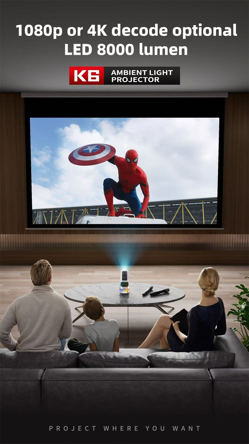 Novo Projetor Inteligente K6 Yuntai Portátil 1080P4K Projetor de Home Theater e Escritório com Bluetooth Sem Fio e Função K Song