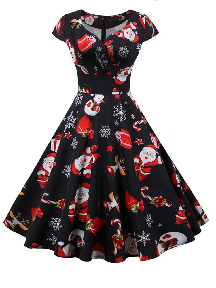 Fashion V-neck Short Sleeve Printed Christmas Dress Large Swing Vintage Elegant Xmas Party Dress