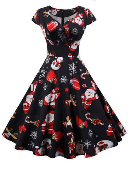 Fashion V-neck Short Sleeve Printed Christmas Dress Large Swing Vintage Elegant Xmas Party Dress