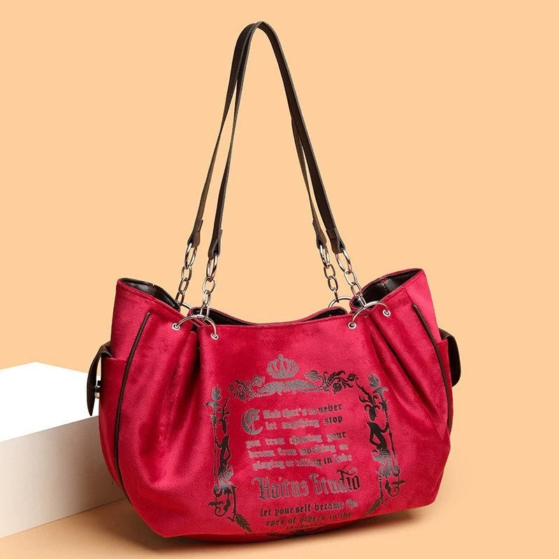 Letter Print Faux Suede Women Handbag Shoulder Bag, Retro Large Capacity Tote Bag for Daily Commuting and Hand-Carry.Pumpkin Bag