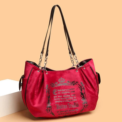 Letter Print Faux Suede Women Handbag Shoulder Bag, Retro Large Capacity Tote Bag for Daily Commuting and Hand-Carry.Pumpkin Bag