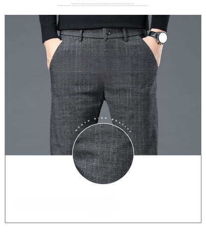 Autumn Winter New Fleece Thickened Casual Pants Men Business Straight Slim Plaid Pants Black Gray Men's Warm Trousers