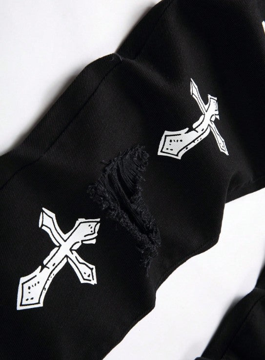 High street black youth cross print elastic hole patch tight jeans for men
