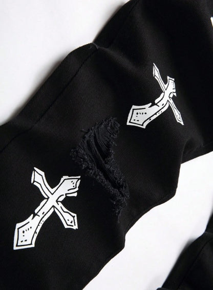 High street black youth cross print elastic hole patch tight jeans for men