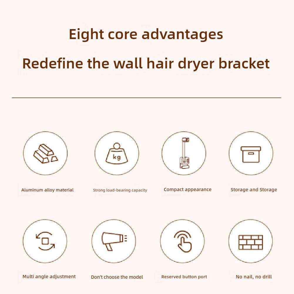 Suporte de Secador de Cabelo Ajustável em Ângulo, Sem Furo, Fixado na Parede, Suporte para Secador de Cabelo para Banheiro, Prateleira de Armazenamento para Mãos Livres