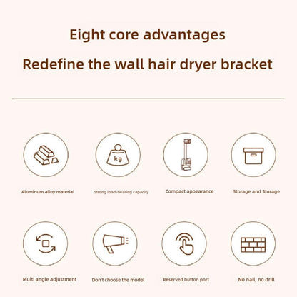 Suporte de Secador de Cabelo Ajustável em Ângulo, Sem Furo, Fixado na Parede, Suporte para Secador de Cabelo para Banheiro, Prateleira de Armazenamento para Mãos Livres