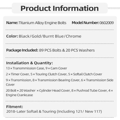 Parafusos de Cilindro de Liga de Titânio para Motor de Motocicleta, Kit de 89 peças para Harley 2018 em diante Touring Road Glide Softail Low Rider S/ST