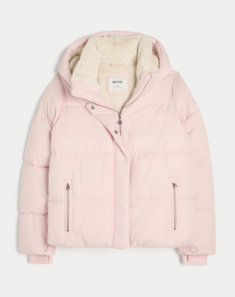 Pink Women's Jacket With Hat Zipper Pockets Inner Faux Fur Solid Female Jackets 2025 Autumn Winter Fashion Chic Lady Outwears