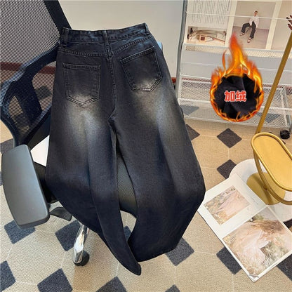 Winter Thick Women's Fleece Straight Jeans Casual Comfortable Soft Velvet Slim Pants Vintage Wide Plush Denim Trousers