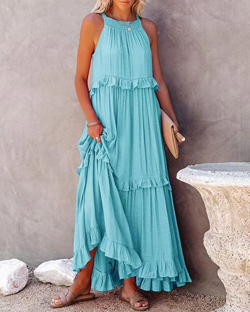 Elegant Women's Apricot Ruffle Edge Long Mop Floor Dresses Summer Fashion Hangin