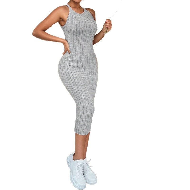 Solid Halter Neck Bodycon Midi Dress High-end temperament vest halter dress wome