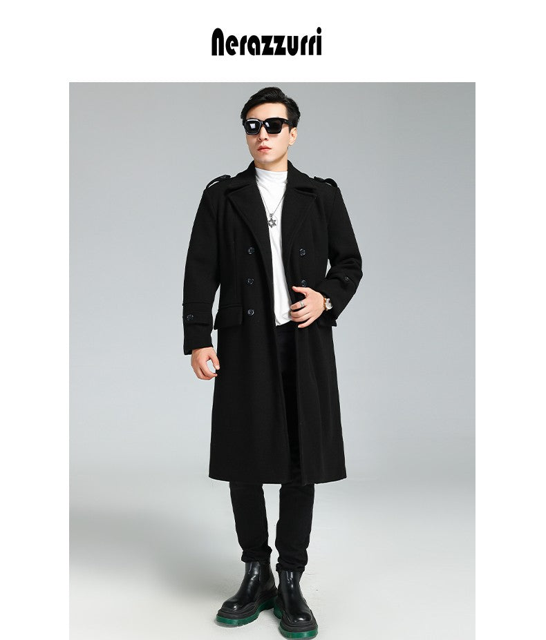 Nerazzurri Autumn Winter Long Elegant Luxury Chic Navy Blue Warm Woolen Coat for Men Double Breasted Wool & blends Overcoat 2023