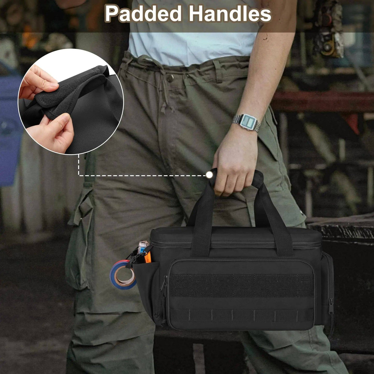XMSJ Bolsa de Ferramentas Tática Reforçada de 14" Base Antiderrapante Organizador Multiuso para Homen de Serviço Carpinteiros Armazenamento de Ferramentas Durável Portátil