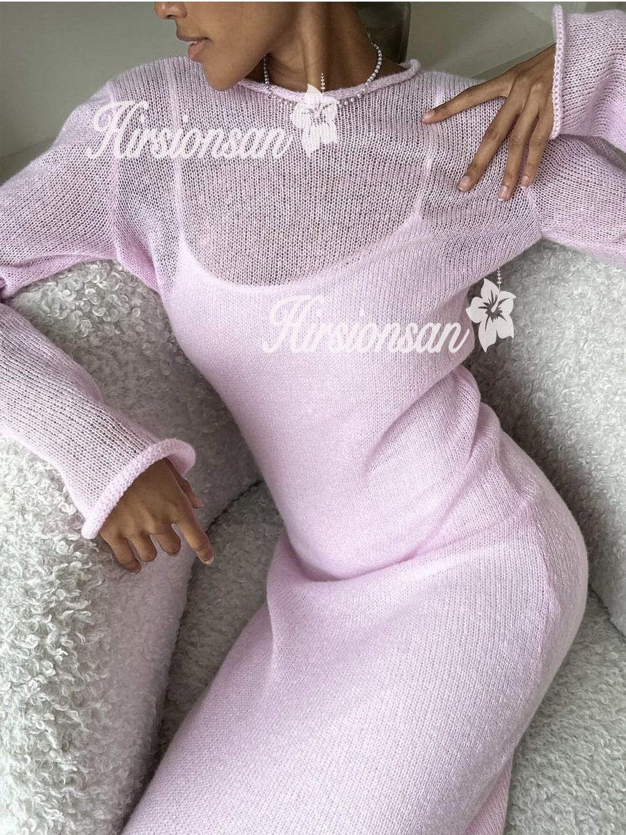 Hirsionsan Spring Autumn O-Neck Elastic Knit Long Dresses Women 2024 Elegant Chi