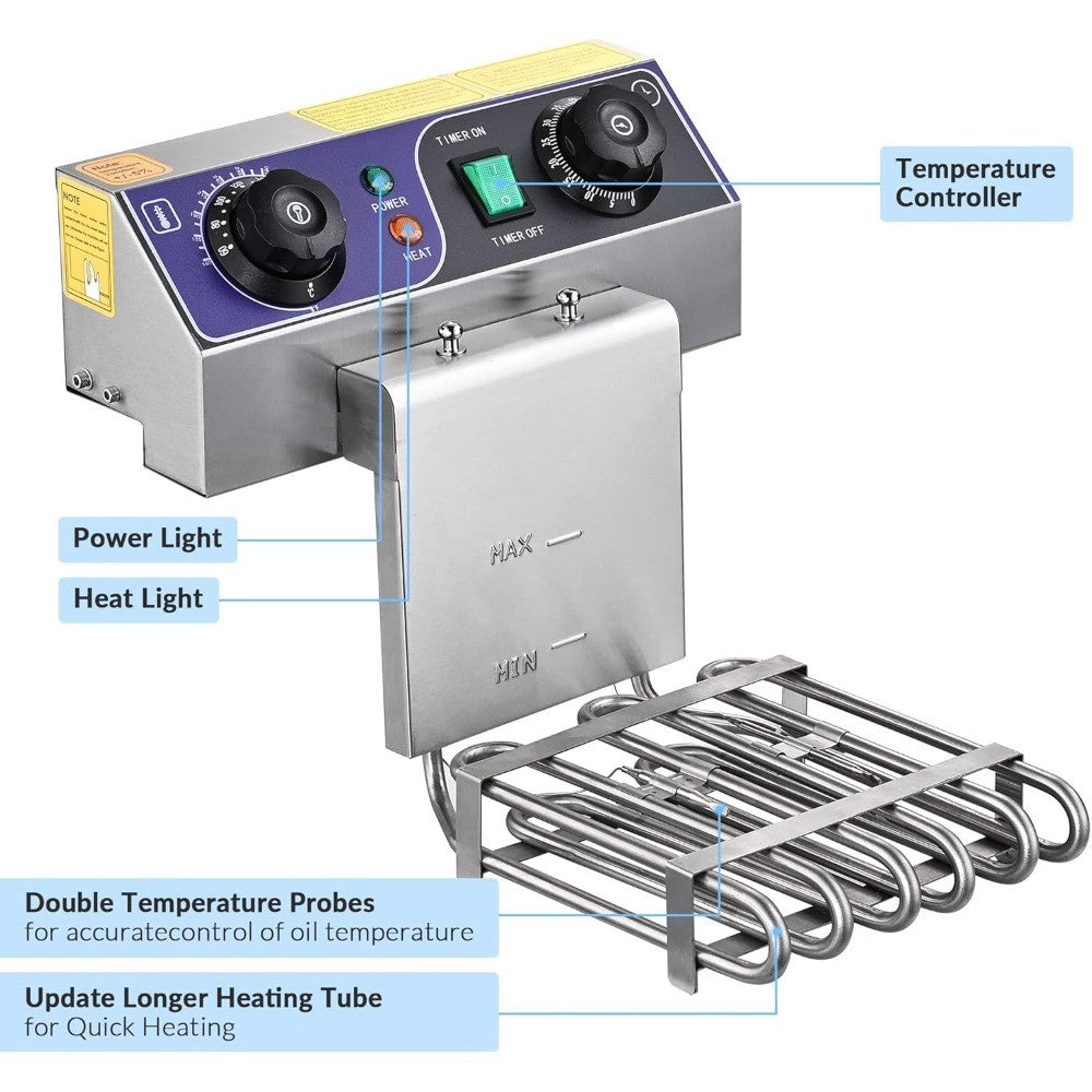 Commercial Electric Deep Fryer 11.7L 1500W Fryer w/Time Control and Oil Filtration Single Removable Basket Stainless Steel