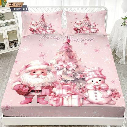 3pcs pink Christmas snowman print coreless bed sheet set multiple sizes bed covers bedroom bedding decorations machine washable