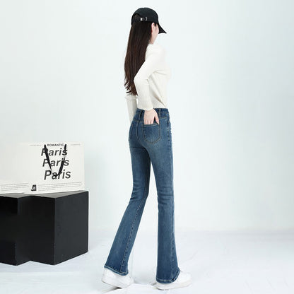 Winter Female Thin Snow Warm Plush Jeans Lady Chic Fleece Flared Pants Girls Korean High Waist Straight Leg Denim Trousers