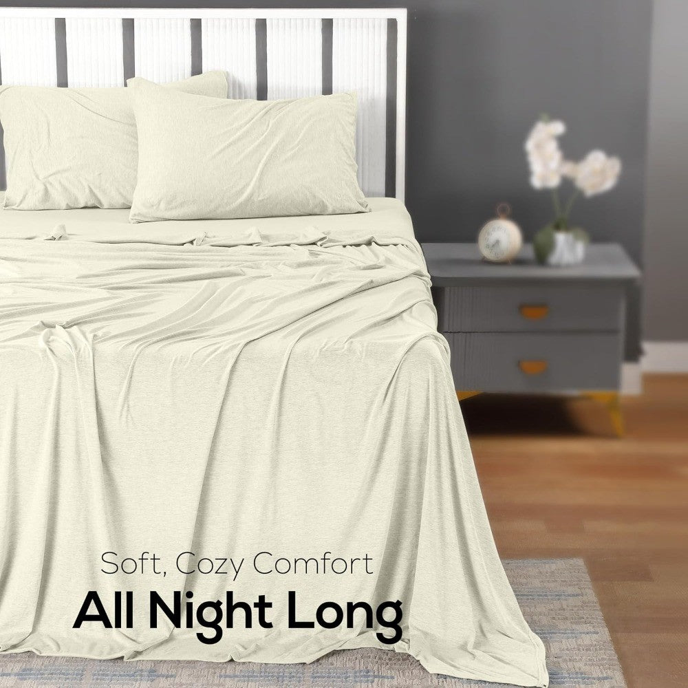 King Jersey Knit Sheet Set 4-Piece - Soft Stretchy Cotton Blend Bedding in Heather Oatmeal