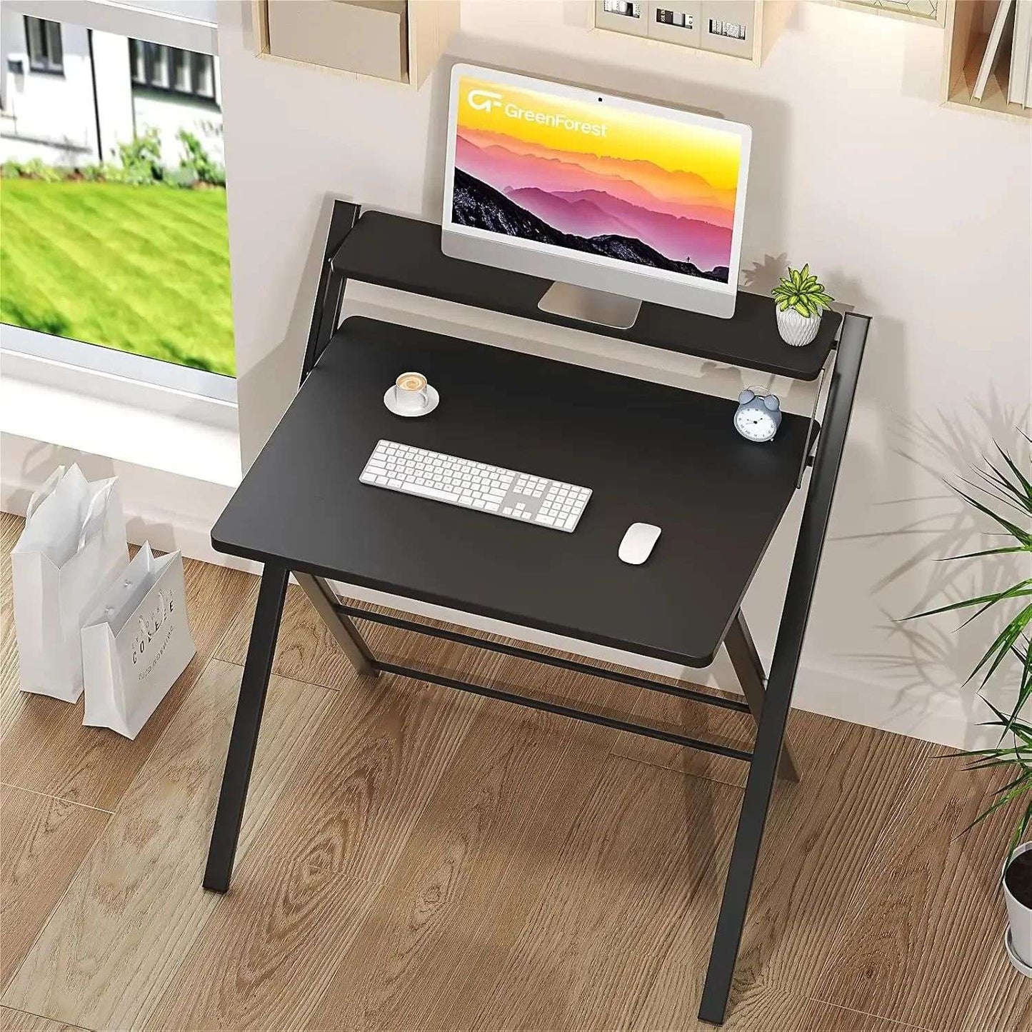 Folding Desk No Assembly Required Large Size, 2-Tier Foldable Computer Desk with Shelf for Home Office, Space Saving Portable