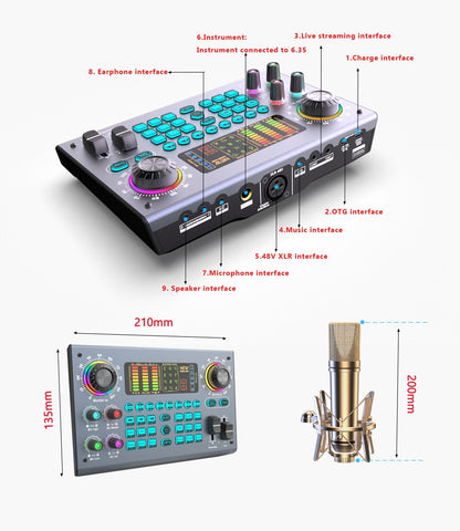 Pacote de equipamentos profissionais Zealsound para podcast e placa de som ao vivo com microfone XLR 48V para gravação em PC, canto, streaming e jogos